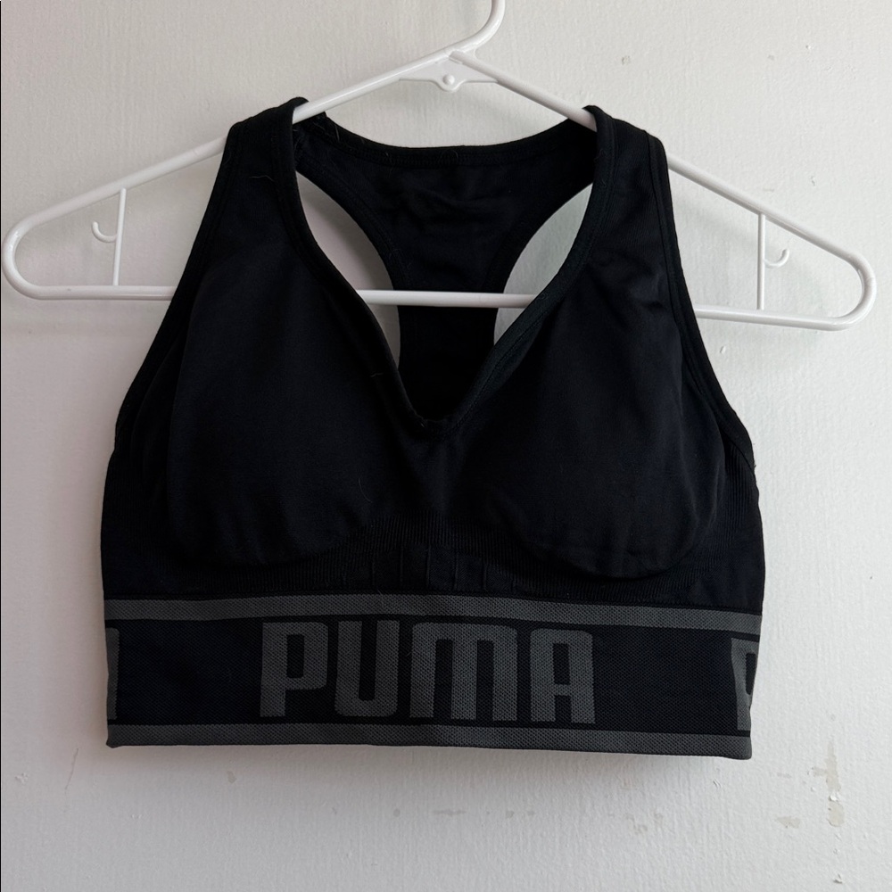 Puma Black Racerback Logo Sports Bra with Wide Supportive Band